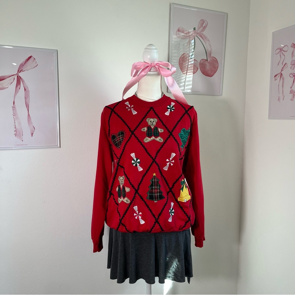 Vintage 90s Alfred Dunner Christmas Red Patchwork Crewneck Sweater Womens Medium